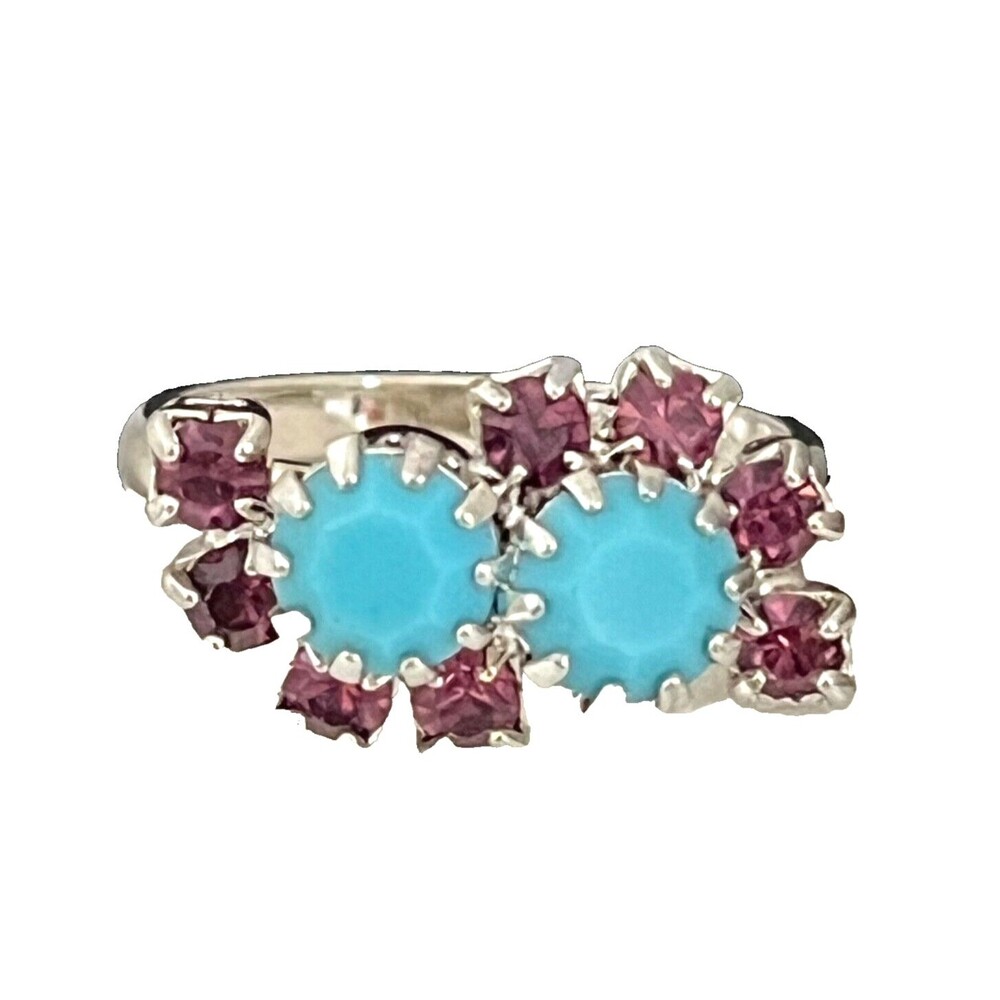 Vintage 1960s Cocktail Ring Mid Century Modern Turquoise Purple Rhinestone 4J